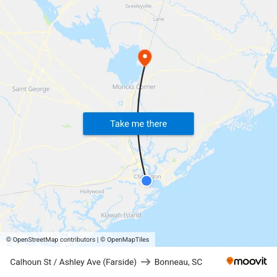 Calhoun St / Ashley Ave (Farside) to Bonneau, SC map