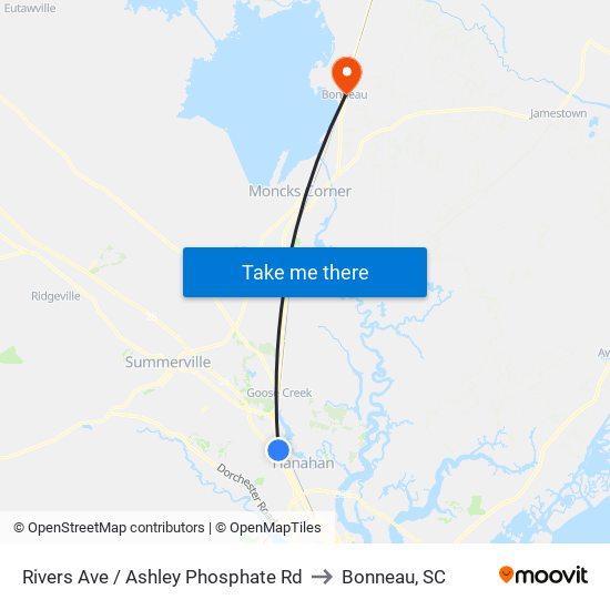 Rivers Ave / Ashley Phosphate Rd to Bonneau, SC map