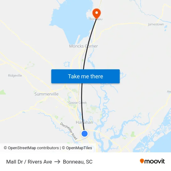 Mall Dr / Rivers Ave to Bonneau, SC map