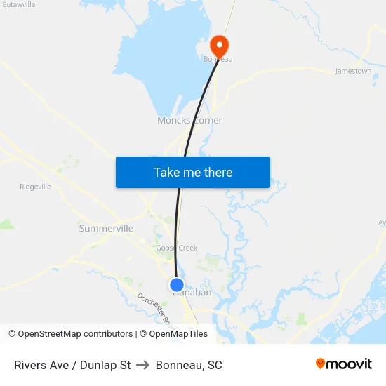 Rivers Ave / Dunlap St to Bonneau, SC map
