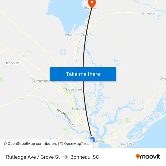 Rutledge Ave / Grove St to Bonneau, SC map