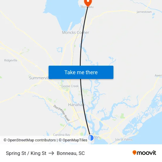 Spring St / King St to Bonneau, SC map