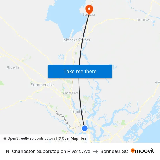 N. Charleston Superstop on Rivers Ave to Bonneau, SC map