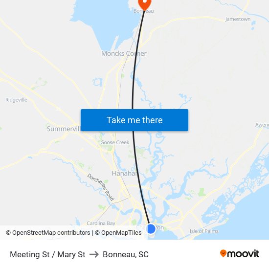 Meeting St / Mary St to Bonneau, SC map