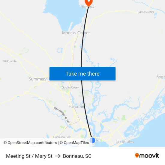 Meeting St / Mary St to Bonneau, SC map