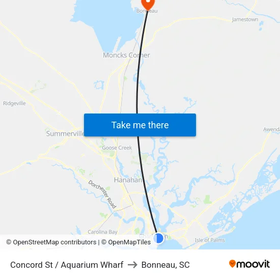Concord St / Aquarium Wharf to Bonneau, SC map