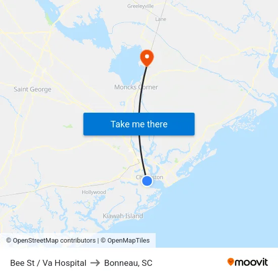 Bee St / Va Hospital to Bonneau, SC map