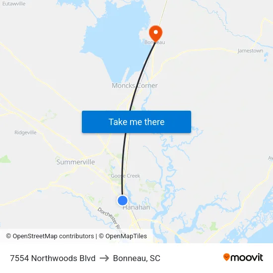 7554 Northwoods Blvd to Bonneau, SC map