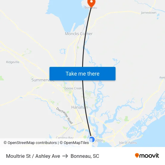 Moultrie St / Ashley Ave to Bonneau, SC map