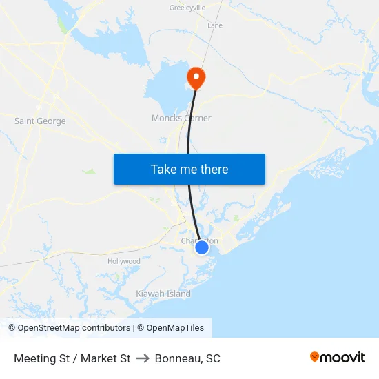 Meeting St / Market St to Bonneau, SC map