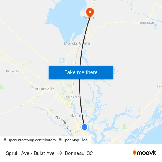 Spruill Ave / Buist Ave to Bonneau, SC map