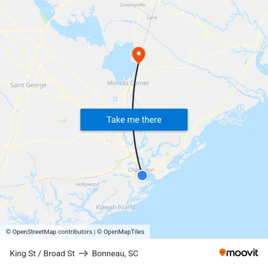 King St / Broad St to Bonneau, SC map