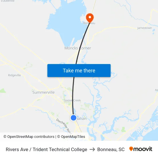 Rivers Ave / Trident Technical College to Bonneau, SC map