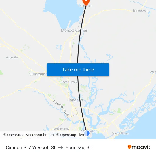 Cannon St / Wescott St to Bonneau, SC map
