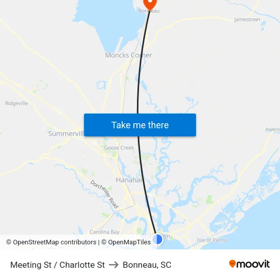 Meeting St / Charlotte St to Bonneau, SC map