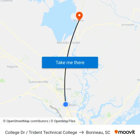 College Dr / Trident Technical College to Bonneau, SC map