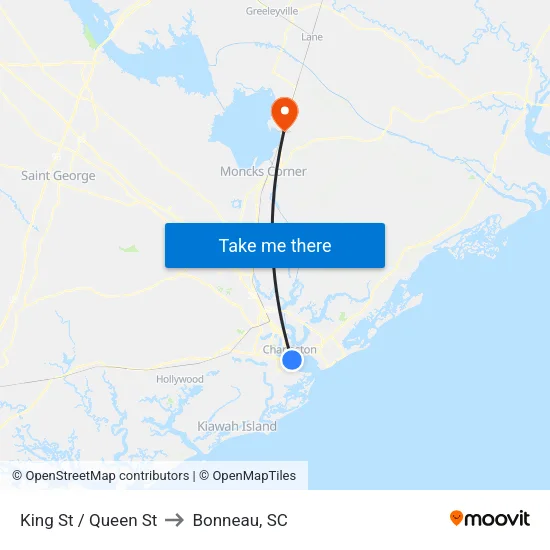King St / Queen St to Bonneau, SC map