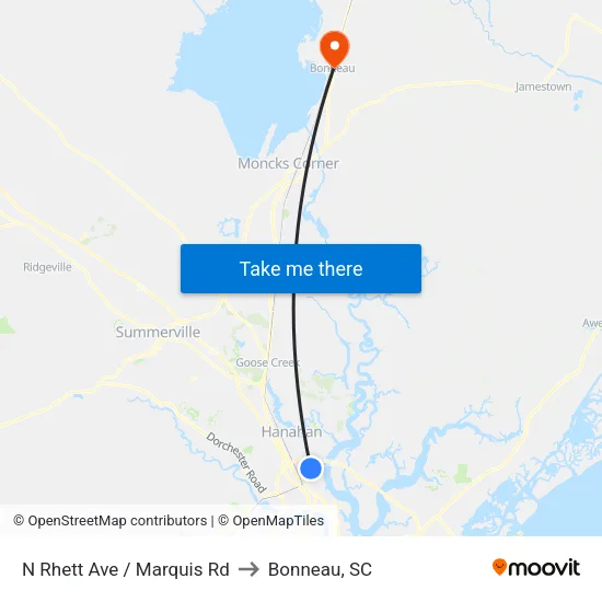 N Rhett Ave / Marquis Rd to Bonneau, SC map