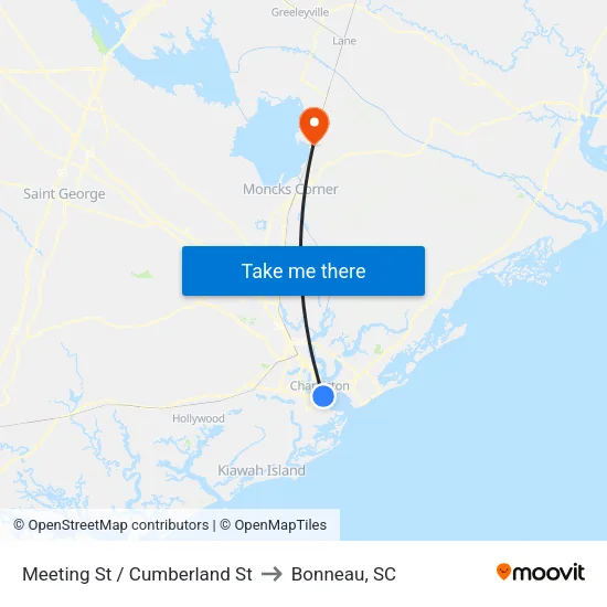 Meeting St / Cumberland St to Bonneau, SC map