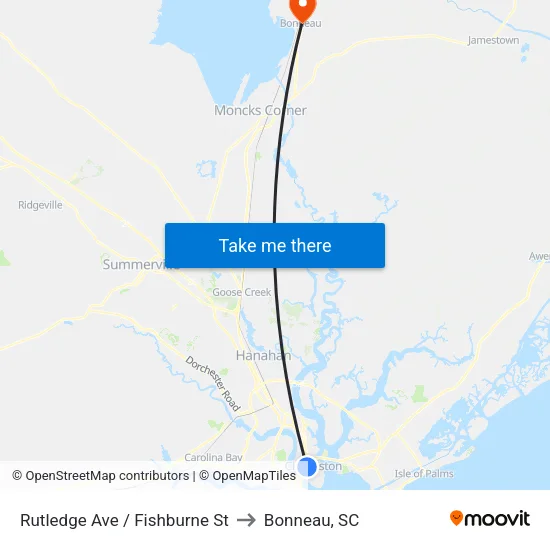 Rutledge Ave / Fishburne St to Bonneau, SC map
