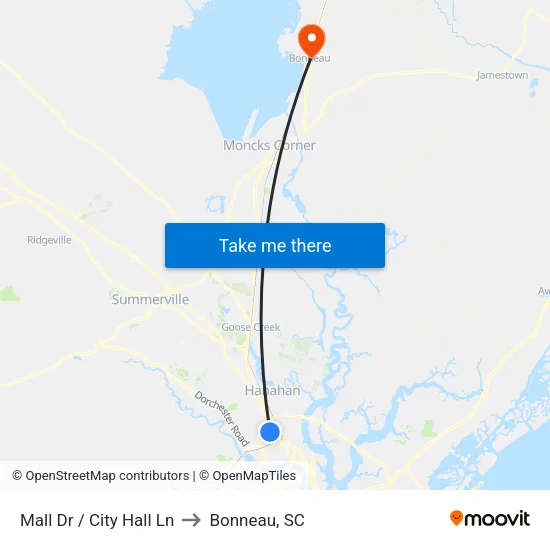 Mall Dr / City Hall Ln to Bonneau, SC map