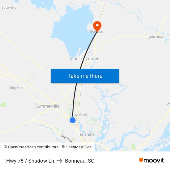 Hwy 78 / Shadow Ln to Bonneau, SC map