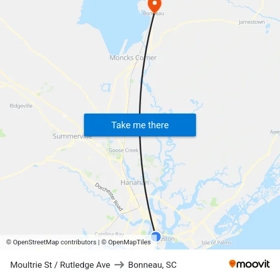 Moultrie St / Rutledge Ave to Bonneau, SC map