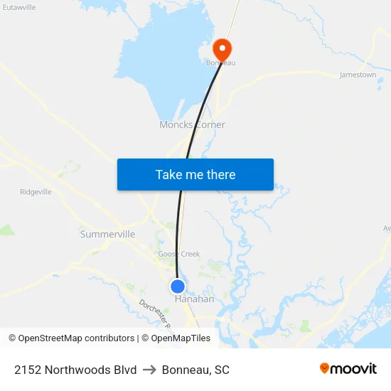 2152 Northwoods Blvd to Bonneau, SC map