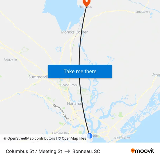 Columbus St / Meeting St to Bonneau, SC map