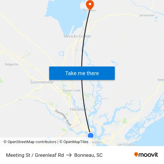 Meeting St / Greenleaf Rd to Bonneau, SC map