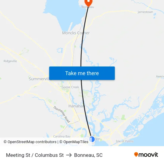Meeting St / Columbus St to Bonneau, SC map