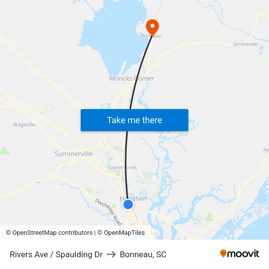 Rivers Ave / Spaulding Dr to Bonneau, SC map