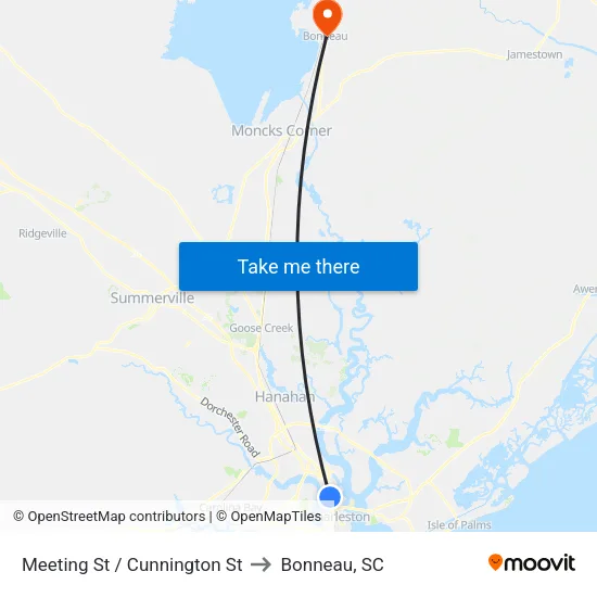 Meeting St / Cunnington St to Bonneau, SC map