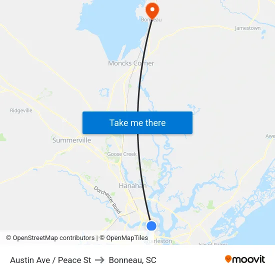 Austin Ave / Peace St to Bonneau, SC map