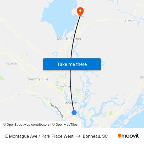 E Montague Ave / Park Place West to Bonneau, SC map