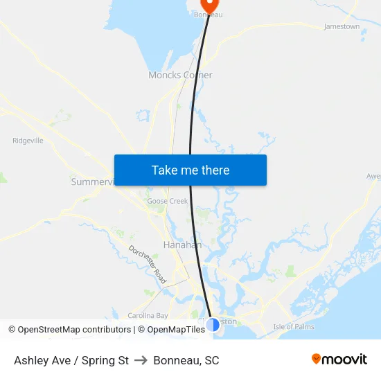 Ashley Ave / Spring St to Bonneau, SC map