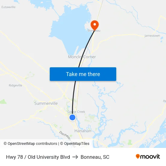 Hwy 78 / Old University Blvd to Bonneau, SC map