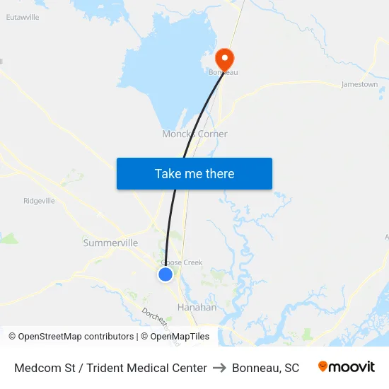 Medcom St / Trident Medical Center to Bonneau, SC map