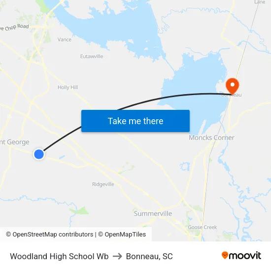 Woodland High School Wb to Bonneau, SC map