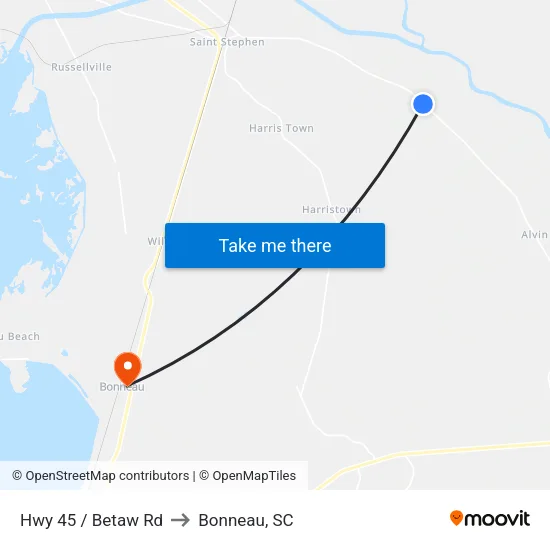 Hwy 45 / Betaw Rd to Bonneau, SC map