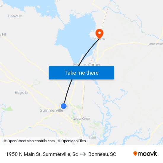 1950 N Main St, Summerville, Sc to Bonneau, SC map