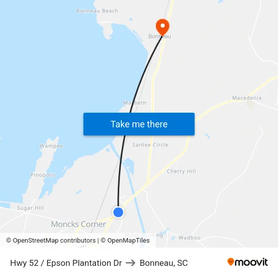 Hwy 52 / Epson Plantation Dr to Bonneau, SC map