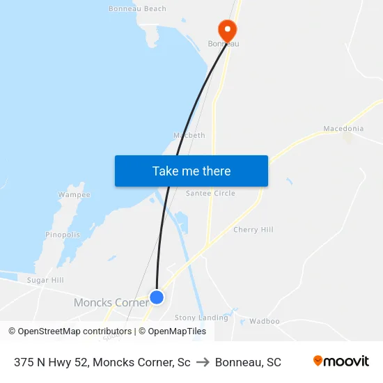 375 N Hwy 52, Moncks Corner, Sc to Bonneau, SC map