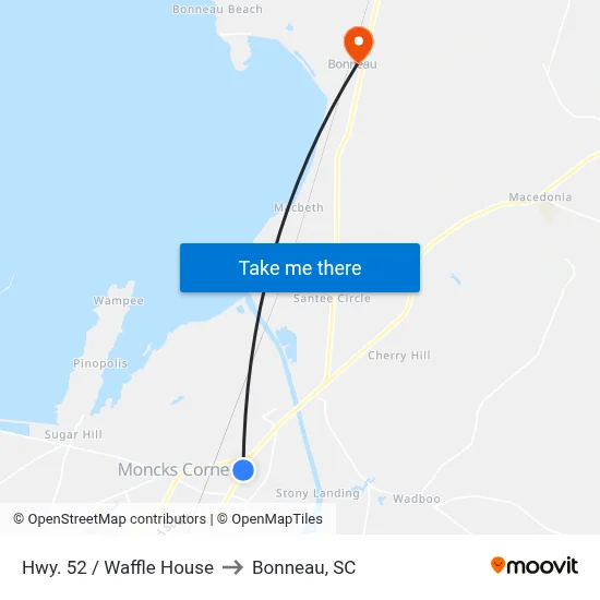 Hwy. 52 / Waffle House to Bonneau, SC map