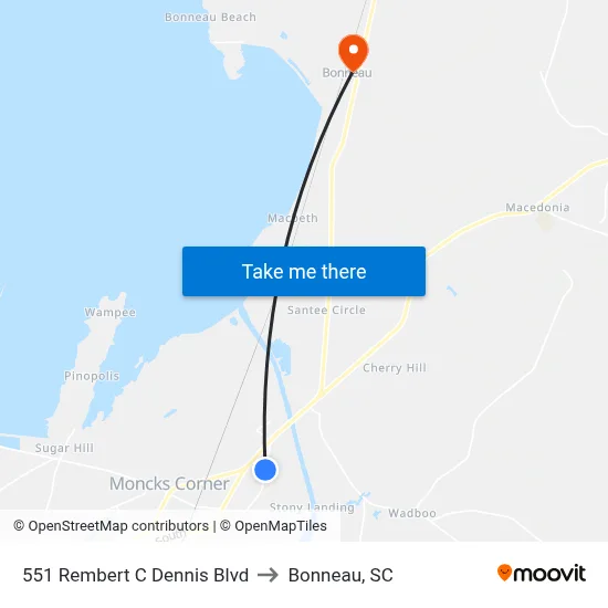 551 Rembert C Dennis Blvd to Bonneau, SC map