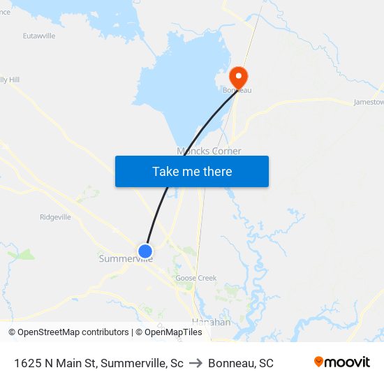 1625 N Main St, Summerville, Sc to Bonneau, SC map