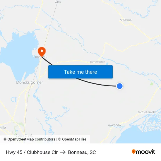 Hwy 45 / Clubhouse Cir to Bonneau, SC map