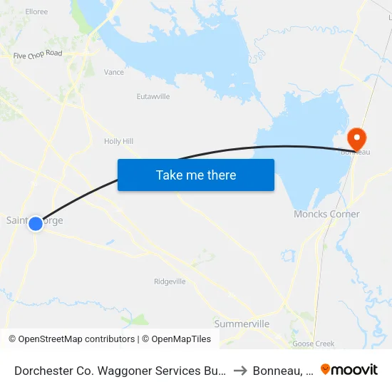 Dorchester Co. Waggoner Services Building to Bonneau, SC map