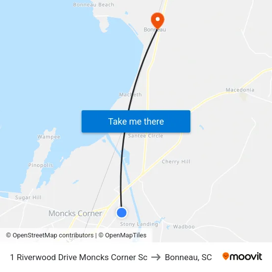 1 Riverwood Drive Moncks Corner Sc to Bonneau, SC map