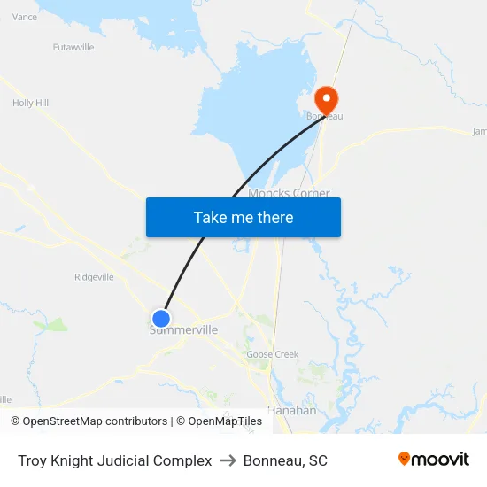 Troy Knight Judicial Complex to Bonneau, SC map
